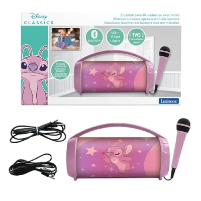 Imagen de Lexibook, Disney Stitch, Altavoz inalámbrico Brillante Angel con micrófono, Sonido estéreo, Función Karaoke, Puertos USB y para Tarjetas SD, Batería Recargable, Asa de Transporte, Rosa, BTP585D1Z