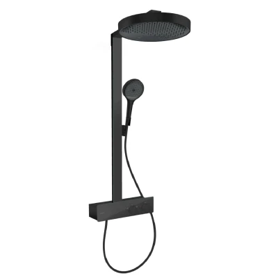 Imagen de hansgrohe Rainfinity, sistema de ducha con termostato, lluvia (360 mm) grifo, mano (3 tipos chorro), flexo, barra, fija redondo (1 tipo negro mate