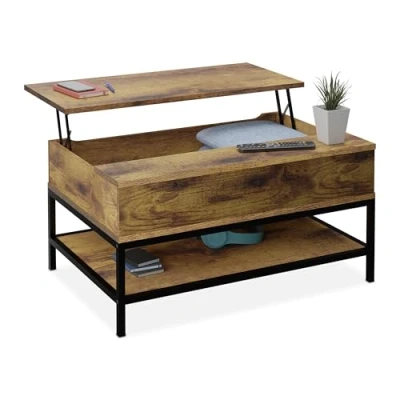 Imagen de Relaxdays Mesa de Centro con Tablero Elevable, Estante, Estilo Madera, 45,5 x 90 60 cm, Marrón y Negro, Hierro