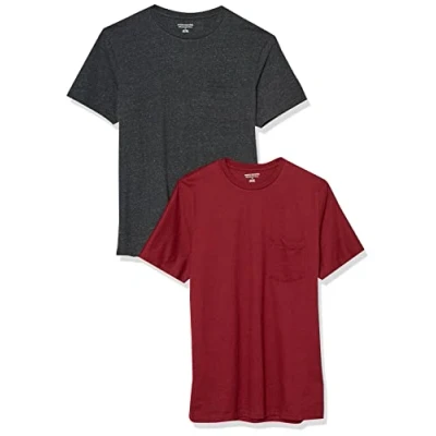 Imagen de Amazon Essentials Camiseta de manga corta con bolsillo, cuello redondo y corte ajustado Hombre, Pack 2, Carbón Mezcla/Burdeos, XS
