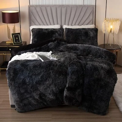 Imagen de EMME juego de ropa cama felpa, 220 x 240 cm, franela mullida, para y suave, fundas nórdicas 1 funda almohada 80 gris oscuro