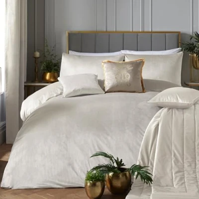 Imagen de Laurence Llewelyn Bowen Juego de Funda edredón Montrose Terciopelo Marfil, tamaño King (220 x 230 cm), Ropa Cama Suave Lujo, Color Crema Marfil