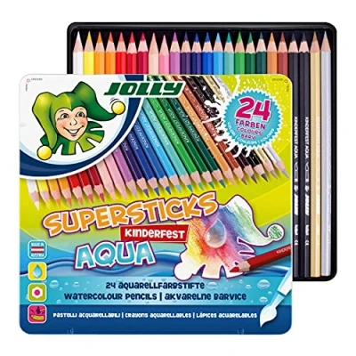 Imagen de JOLLY Supersticks Kinderfest AQUA estuche metálico de 24, lápices colores acuarelables con mina 3,8 mm, madera reforzado, para efectos vivos