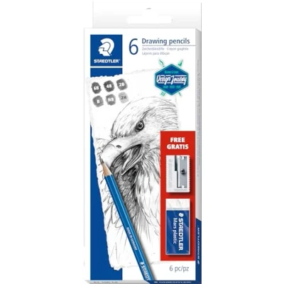 Imagen de STAEDTLER Mars Lumograph 61 100 C6 Estuche con 6 Lápices de grafito (graduaciones 6B, 4B, 2B, HB, 2H) + GRATIS 1 Afilalápices metálico 510 10 y Goma borrar Plastic 526 50, Azul