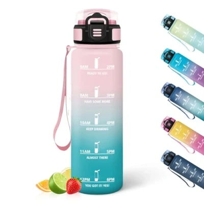 Imagen de HoneyHolly Botella Agua, 1L, Marcador de Tiempo, Portátil, Botella, Reutilizable, Agua Gimnasio, A Prueba Fugas, Cantimplora para Ciclismo, Oficina y Exteriores