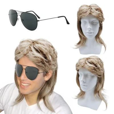 Imagen de XNIVUIS Pelucas Hombre, Peluca Carnaval Punk para Hombre Wave Rocker Popstar de los 80, Mullet Peluca, Disfraz Años Accesorios Hippies Halloween Cosplay Fiesta (2 Pcs)