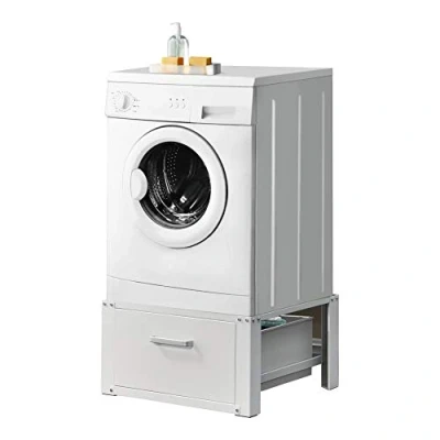 Imagen de [en.casa] Pedestal para Lavadora con Cajón de Almacenamiento Soporte Mueble 63 x 54 31 cm hasta 150 kg Báse Estándar Plataforma Acero Aluminio Blanco