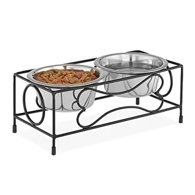 Imagen de Relaxdays Comederos para Perros con Soporte, Cuencos Grandes, 2 Platos, Acero Inoxidable, 800ml, Negro y Plateado
