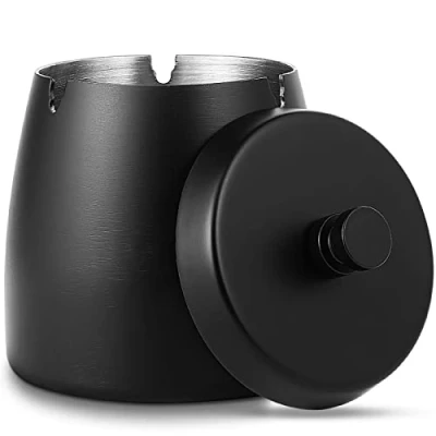 Imagen de Cenicero Exterior, Con Tapa Portatil Ceniceros Antiolores Prueba de Viento Moderno Acero Inoxidable Metal Ashtray para Jardin Oficina Balcón Sala Estar Negro