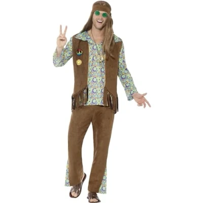 Imagen de Smiffys Disfraz de hippie años 60, multicolor, con pantalones, camiseta, chaleco, medallón y cinta para la cabeza
