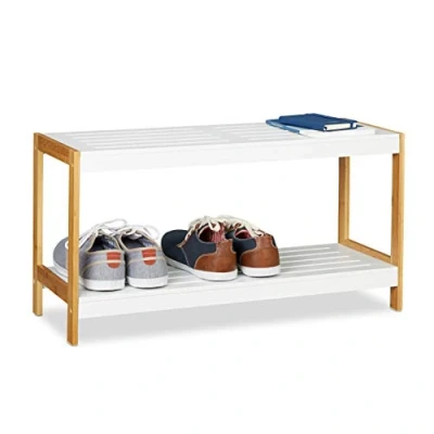 Imagen de Relaxdays, Blanco y Marrón Zapatero con 2 Estantes, Bambú, Tablero DM, Resistente, Fibras, 36,5 x 70 26 cm