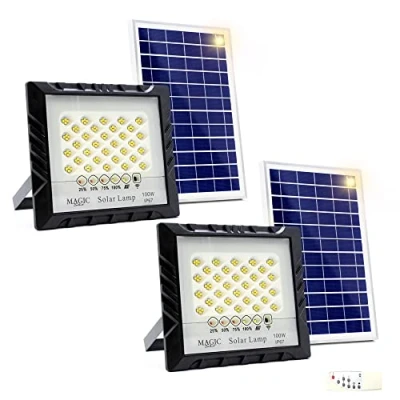 Imagen de 2x Foco Proyector 100W 128LED con Panel Solar Fotovoltaico, Mando a Distancia, Sensor de Encendido Automático. IP67 Luz Blanca, Iluminación Exterior, Patio, Jardín, Camino, Garaje