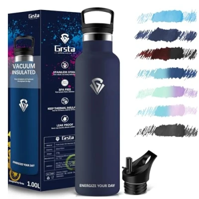Imagen de Grsta Botella Agua Acero Inoxidable, Termica 1000ml, sin BPA, Gimnasio, Cantimplora para Adultos, Deporte, Oficina, Escuela, Gym