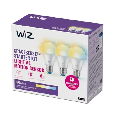 Imagen de WiZ Bombilla LED inteligente, Casquillo E27 8W (Eq.60) 806 lúmens, Luz Blanca Cálida a Fría Regulable, Compatible con Alexa, Google Home, tecnología SpaceSense y Matter Pack de 3