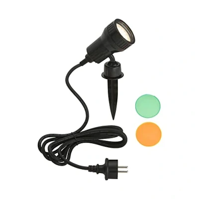Imagen de BRILONER Leuchten Lámpara exterior para caminos, LED GU10, 3 W, 250 lm, incluye filtro de color naranja, verde, estaca y soporte pared, cabezal giratorio giratorio, cable enchufe