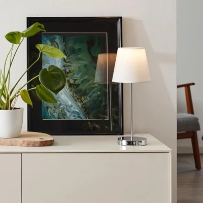 Imagen de Lightbox lámpara de mesilla noche moderna 41 cm altura, Ø 16 sobremesa con pantalla tela blanca e interruptor táctil para dormitorio E14, máx. 40 W metal/textil