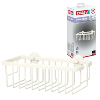 Imagen de tesa MOON WHITE Cesta para Ducha, Blanco Mate Un Solo Nivel, Extra Profundo Baños Modernos y con Estilo Industrial Montaje Adhesivo sin Taladrar 92 mm x 250 125