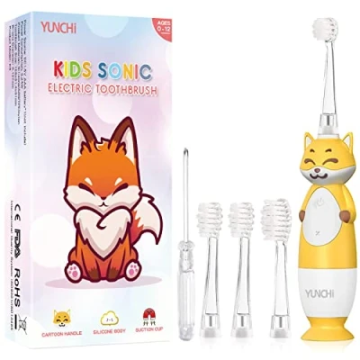 Imagen de cepillo de dientes eléctrico para niños a partir 0 12 años, bebés y niñas, con luz LED, temporizador inteligente, resistente al agua, 4 cabezales suaves
