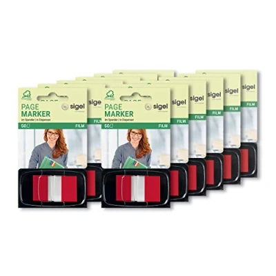 Imagen de SIGEL HN491 Marcapáginas adhesivos, cinta de filme transparente en repartidor Z, 12 fundas 50 tiras 43 x 25 mm, Color Tip rojo