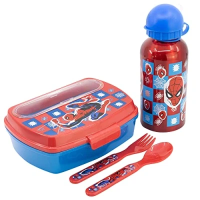 Imagen de Set de botella aluminio 400 ml y fiambrera con cubiertos Spider man