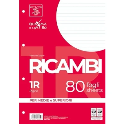 Imagen de Pigna, Paquete de 80 Recambios con 4 agujeros para archivar, hojas tamaño A4, 21x29,7, sin refuerzo, 1R, rayadas
