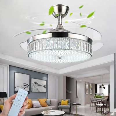 Imagen de Cristal Lamparas con Ventilador de Techo Aspas Retráctiles Silencioso Luz y Mando a Distancia CC Reversible 6 Velocidades 3 Colores Moderno Silver122CM