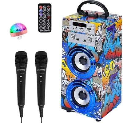 Imagen de Máquina de Karaoke Portátil DYNASONIC, Altavoz con 2 Micrófonos, Bluetooth, Luz USB incluida, Lector y SD, diseño Exclusivo, Regalo Original (025 16 luz)