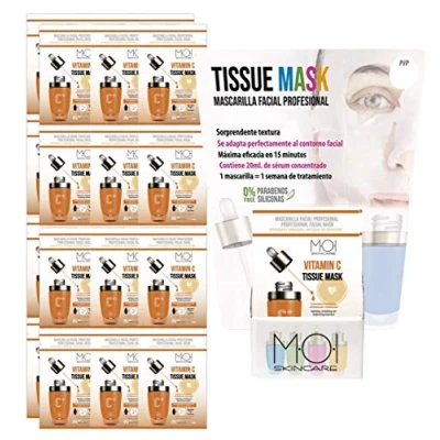 Imagen de Pack 24 Mascarillas faciales Vitamin C Tissue Mask hidratante revitalizante e iluminadora 1 uso M·O·I SkinCare con Expositor de REGALO