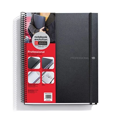 Imagen de Miquelrius Cuaderno A4 Evolution Professional 120 Hojas de 70 g/m², 100 Cuadrículadas + 20 Lisas, Tapa Polipropileno Negro, Cierre Goma, Bolsillo Cartón y 3 Separadores Movibles (1 con regla)