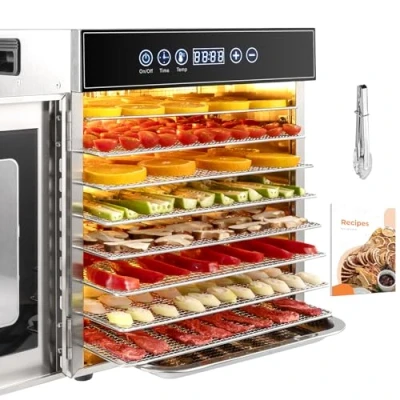 Imagen de Kwasyo Deshidratador de Alimentos Acero Inoxidable Libre BPA, Deshidratadora Frutas y Verduras con Pantalla LCD, Temperatura 30 90℃, Temporizador, Hierbas, Nueces, Yogurt, 8 Bandejas, 400W
