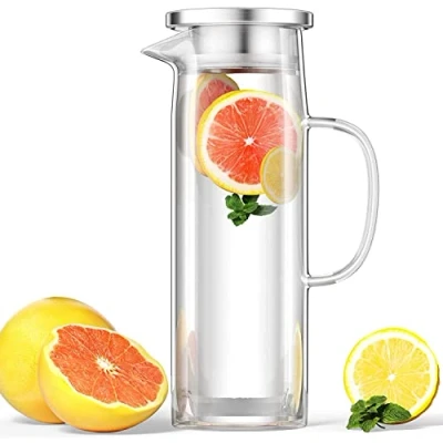 Imagen de Uootach jarra de agua 1.5L, Cristal con Tapa, Transparente y resistente al calor botella hecha vidrio borosilicato, La es perfecta para leche, jugo, café o tibia.