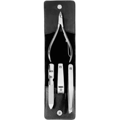 Imagen de Zwilling Estuche de manicura y pedicura para el cuidado las uñas cuero genuino con botón presión, 4 piezas, negro