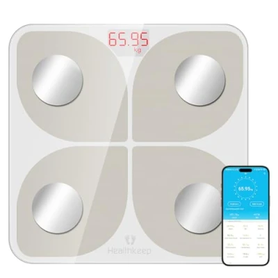 Imagen de Báscula Pesa Persona, Healthkeep Balanza Conectada Bluetooth Impedancia Pese Personas Alta Precisión con 13 Medidas Corporales APP Para Android e iOS, Capacidad 180kg/400lb, 28x28cm
