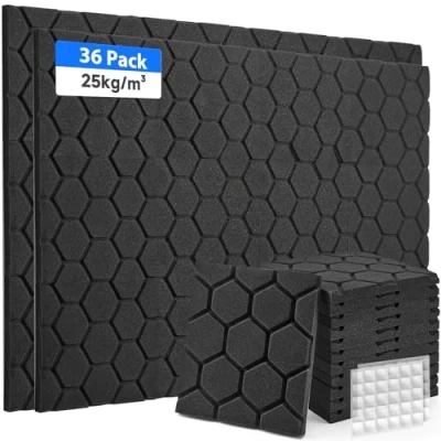 Imagen de 36 paneles acústicos de espuma acústica, acústicos, absorbentes insonorización, para salas grabación y oficinas, 30 x 2,5 cm, color negro