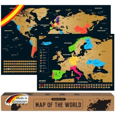 Imagen de envami® mapa Mundi Rascar Español Más el de Europa Mapas del Mundo para Marcar Viajes 68 X 43 CM Plata Scratch Off Travel Map