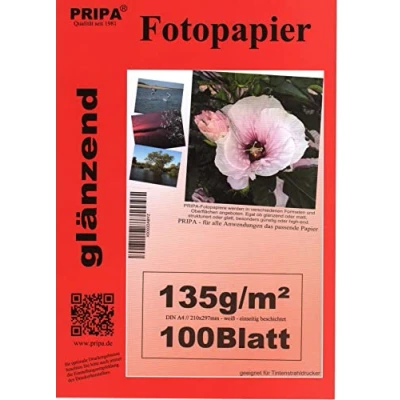 Imagen de pripa Papel fotográfico (100 hojas, DIN A4, 135g/m², alto brillo, secado rápido, resistente al agua, colores brillantes, para impresoras de inyección tinta)