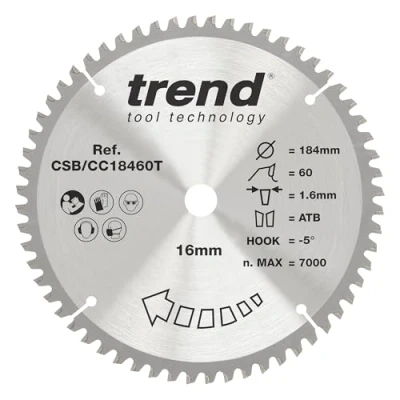 Imagen de Trend CraftPro Hoja de sierra TCT corte transversal con gancho negativo, 184 mm diámetro x 60 dientes 16 interior, punta carburo tungsteno, CSB/CC18460T
