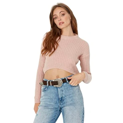 Imagen de Trendyol Suéter Regular Liso de Cuello Redondo Sudadera, Rosa, S para Mujer