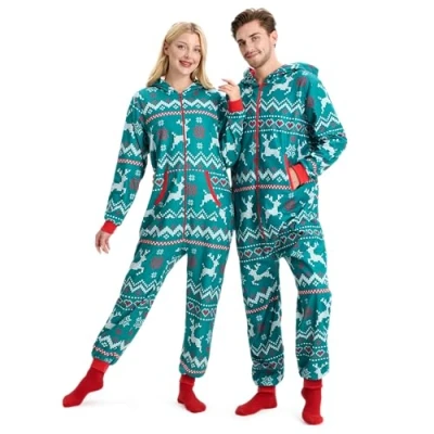 Imagen de Giggling Getup pijamas navideños verdes para adultos y hombres con estampado nórdico suelto capucha Monos S