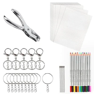 Imagen de MXTIMWAN 53 Pieces Kit Hojas de Plástico Termocontraíble Incluye Papel Película Retráctil, Perforadora, Lápiz, Llaveros, Plastico Magico Transparente para Niños, Manualidades Creativas DIY