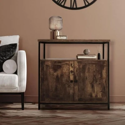 Imagen de ML Desing Aparador de Madera Marrón Vintage 80x80,5x50,5 cm Marco Metal Negro Mate Cómoda con 2 Puertas y Compartimento Abierto Mueble Diseño Industrial Armario Alto Almacenaje para Hogar