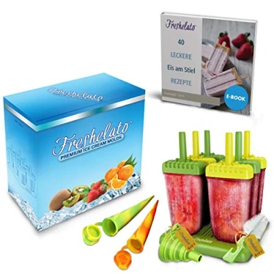 Imagen de Freshelato Molde para Polos de Hielo/Helados Caseros Combo + 2 x Moldes Hielos Silicona Embudo Cepillo (Amarella Verde)