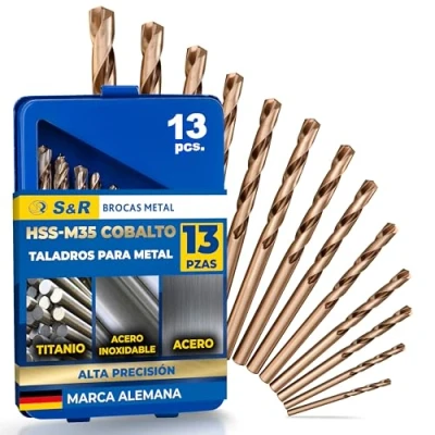 Imagen de S&amp;R Juego de brocas HSS cobalto Rectificadas para metal 1,5 6,5 mm 13 unidades DIN 338 acero aleado con corte tipo C según 1412 135 Caja metálica