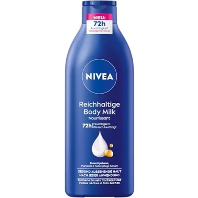 Imagen de NIVEA Rica leche corporal, crema corporal intensamente nutritiva con ácido hialurónico puro, aceite de almendras y suero cuidado profundo, loción para piel seca (400 ml)