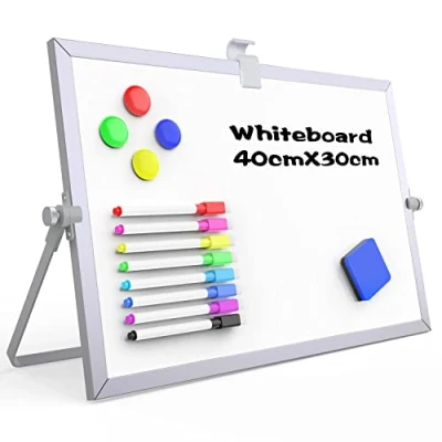 Imagen de OWill pizarra blanca de borrado en seco A3,30 X 40 cm magnetica con soporte y marco aluminio,dry erase whiteboard magnética doble cara bolígrafos,borrador,imán