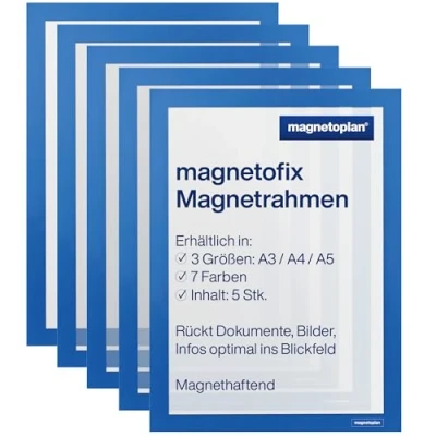 Imagen de magnetoplan Magnetofix marco magnético autoadhesivo tamaño A4, 5 unidades, soporte para documentos, impermeable señalización, de información plegable, color azul