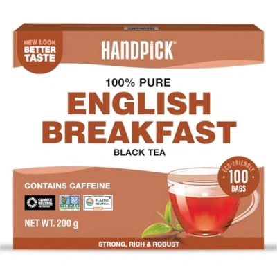 Imagen de HANDPICK, Té Negro English Breakfast (Té Bolsitas, 100 Unidades) Sin OMG Fuerte, Robusto, Alto en Cafeína Bolsitas de Eco Friendly, Preparar Caliente, Frío o Kombucha