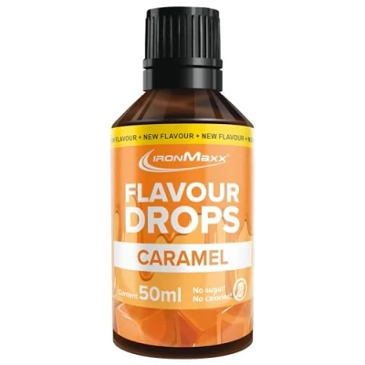 Imagen de IronMaxx Flavour Drops Caramelo 50 ml, sin calorías y azúcar, gotas saborizantes veganas para endulzar alimentos práctico tapón cuentagotas