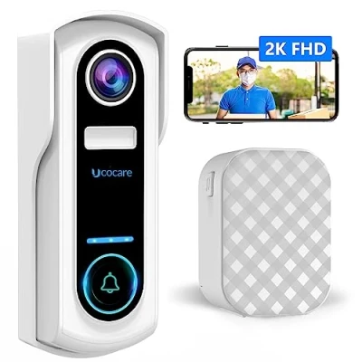 Imagen de 2K Timbre Inalámbrico con Camara, UCOCARE Exterior Impermeable, Videoportero WiFi Timbre, Detección de Movimiento, Visión Nocturna, Audio Bidireccional, IP67 (P3Blanco)