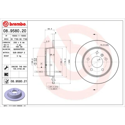 Imagen de BREMBO COATED DISC LINE 08.9580.21 Disco de freno 258 8 5 macizo revestido altamente carbonizado con tornillos MERCEDES BENZ: Vaneo, Clase A